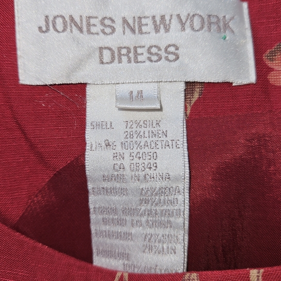 Jones New York red tan pink floral silk linen sheath dress Womens 14 - Picture 3 of 8